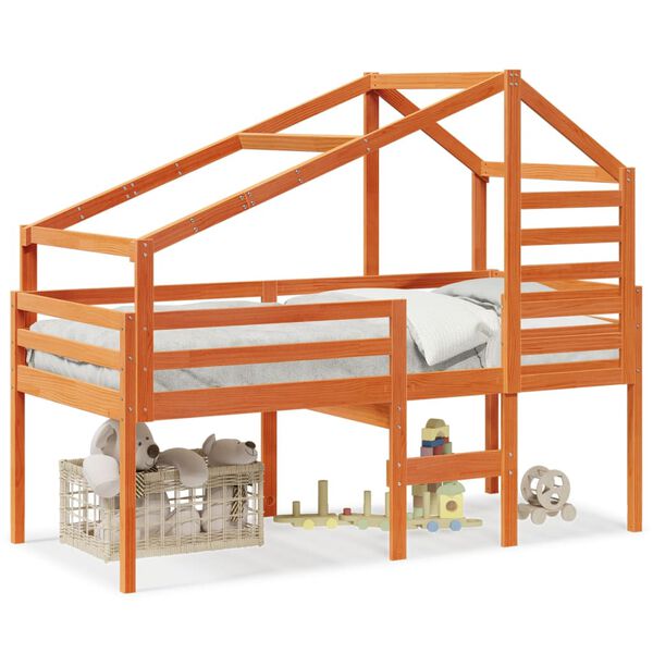 vidaXL Aukšta lova su stogu, vaško ruda, 90x200cm, pušies masyvas