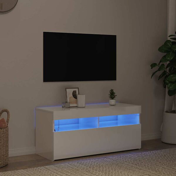 vidaXL TV spintelė su LED apšvietimu, balta, 90x35x40cm, blizgi