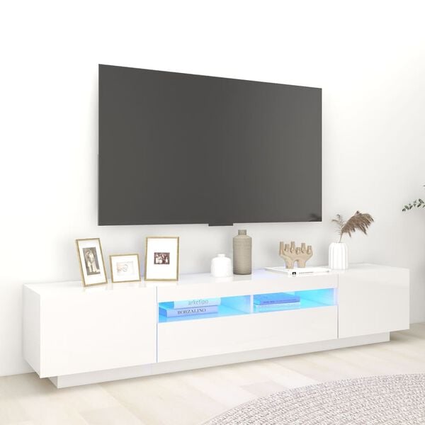 vidaXL TV spintelė su LED ap&scaron;vietimu, balta, 200x35x40cm, blizgi