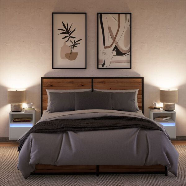 vidaXL Sieninės naktinės spintelės su LED, 2vnt., baltos