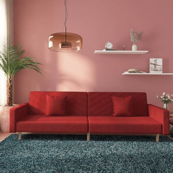 vidaXL Dvivietė sofa-lova su dvejomis pagalvėmis, vyno, audinys