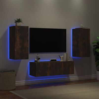 vidaXL Sieninės TV spintelės su LED lemputėmis, 3 dalių, dūminės