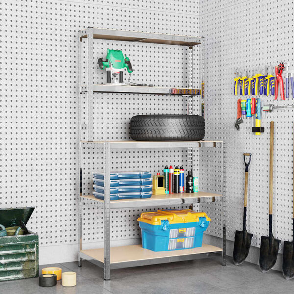 vidaXL Darbastalis su lentynomis, sidabrinis, plienas ir mediena