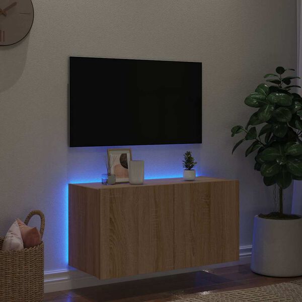 vidaXL Sieninė TV spintelė su LED lemputėmis, ąžuolo, 80x35x41cm
