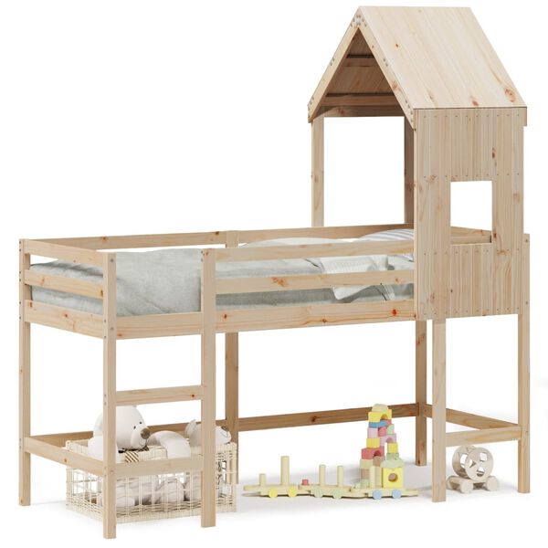 vidaXL Aukšta lova su kopėčiomis ir stogu, 90x200cm, pušies masyvas