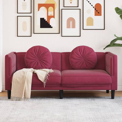vidaXL Dvivietė sofa su pagalvėlėmis, vyno raudonos spalvos, aksomas