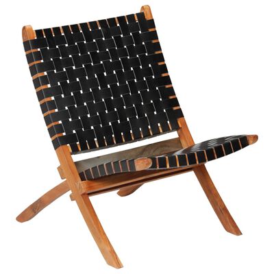 vidaXL Sulankstoma kėdė, juoda, kryžiuotų juostų dizaino, tikra oda
