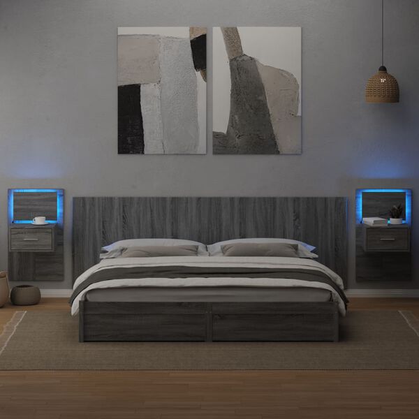 vidaXL Lovos galvūgalis su spintelėmis, pilkas ąžuolo, 240cm, mediena