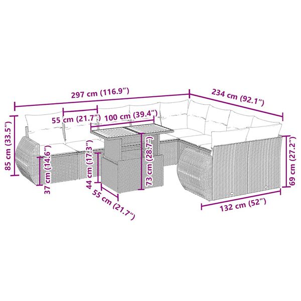 vidaXL Sofos komplektas su pagalvėlėmis, 10 dalių, smėlio, poliratanas