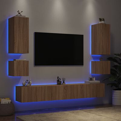 vidaXL Sieninės TV spintelės su LED lemputėmis, 6 dalių, ąžuolo