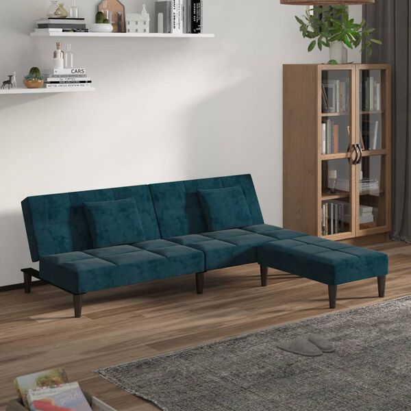 vidaXL Dvivietė sofa-lova su pagalvėmis ir pakoja, mėlyna, aksomas
