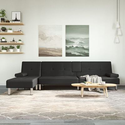 vidaXL L formos sofa-lova, juodos spalvos, 255x140x70cm, dirbtinė oda