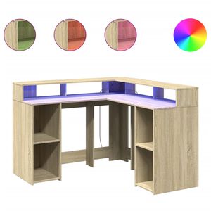 vidaXL Ra&scaron;omasis stalas su LED ap&scaron;vietimu, ąžuolo, 130x130x91cm