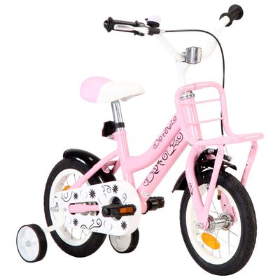vidaXL Vaikiškas dviratis su priekine bagažine, baltas ir rožinis
