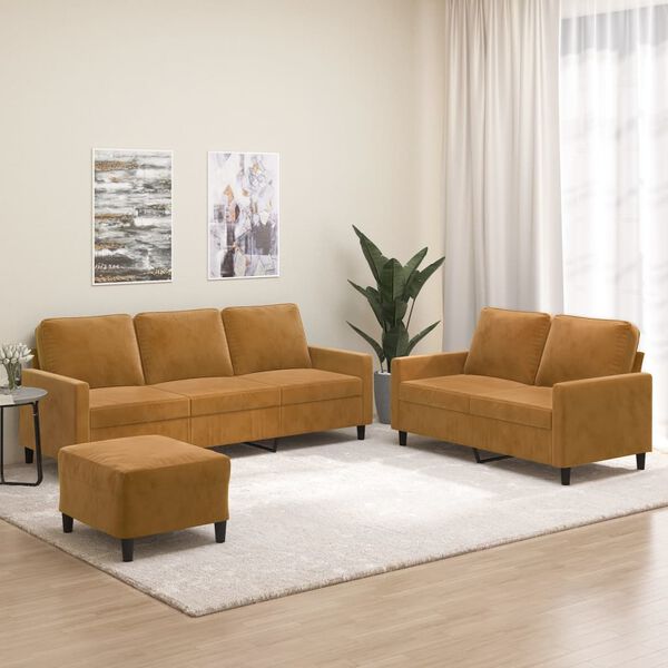 vidaXL Sofos komplektas su pagalvėlėmis, 3 dalių, rudas, aksomas