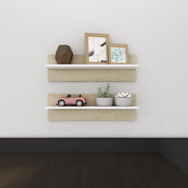 vidaXL Sieninės lentynos, 2vnt., baltos ir ąžuolo, 60x11,5x18cm, MDP