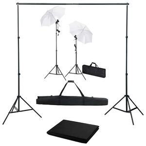 vidaXL Fotostudijos komplektas su fonu, &scaron;viestuvais ir skėčiais