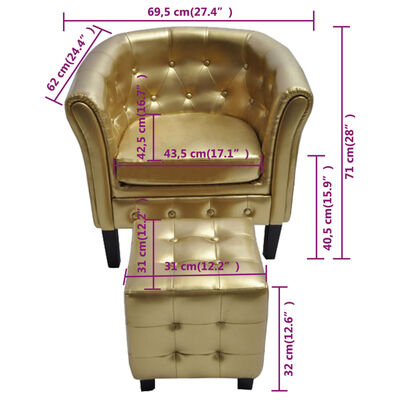 vidaXL Krėslas su pakoja, auksinės spalvos, dirbtinė oda