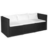 vidaXL Trivietė sodo sofa, juoda, poliratanas, su baltomis pagalvėl.