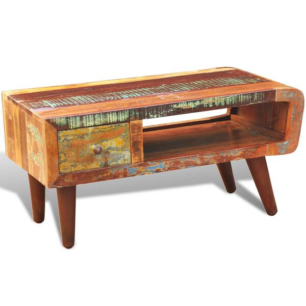 vidaXL Kavos staliukas su išlenktu kraštu, 1 stalčius, perdirbta mediena