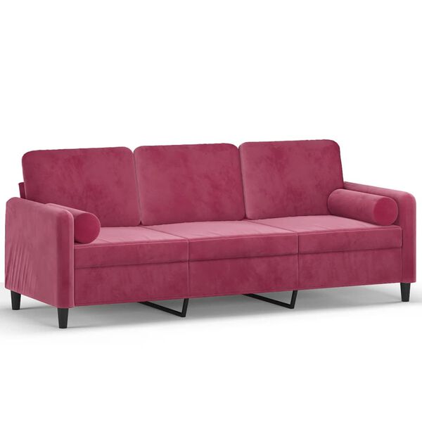 vidaXL Trivietė sofa su pagalvėlėmis, raudonojo vyno, 180cm, aksomas