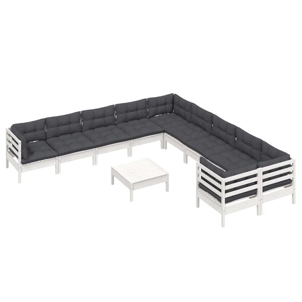 vidaXL Sodo komplektas su pagalvėmis, 11 dalių, baltas, pušies mediena