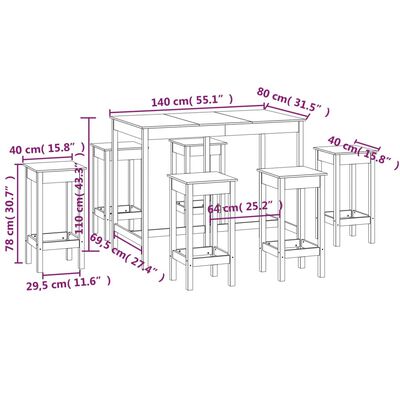 vidaXL Baro baldų komplektas, 7 dalių, juodas, pušies medienos masyvas