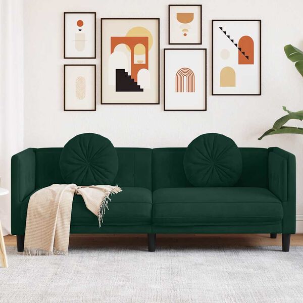 vidaXL Trivietė sofa su pagalvėlėmis, tamsiai žalios spalvos, aksomas
