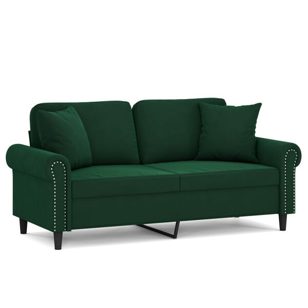 vidaXL Dvivietė sofa su pagalvėmis, tamsiai žalia, 140cm, aksomas