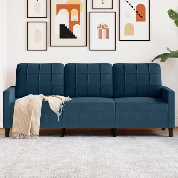vidaXL Trivietė sofa, mėlynos spalvos, 180cm, aksomas