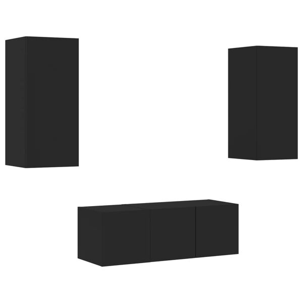 vidaXL Sieninė TV sekcija su LED, 4 dalių, juoda, apdirbta mediena