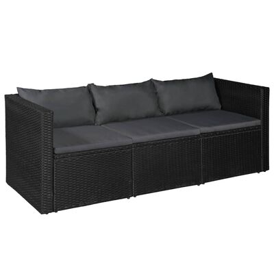 vidaXL Trivietė sodo sofa, juoda, poliratanas, su pilkomis pagalvėl.