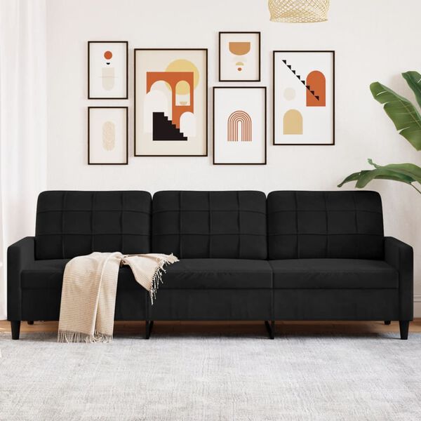 vidaXL Trivietė sofa, juodos spalvos, 210cm, aksomas