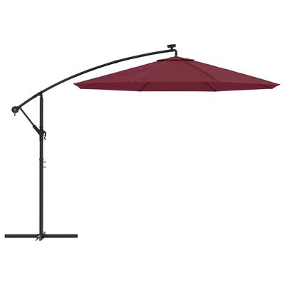 vidaXL Gembės formos skėtis su LED ir plieniniu stulpu, vyno raudonas
