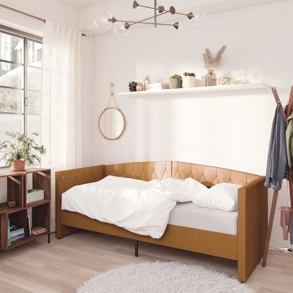 vidaXL Lova su USB i&scaron;vestimi, rudos spalvos, 90x200cm, aksomas