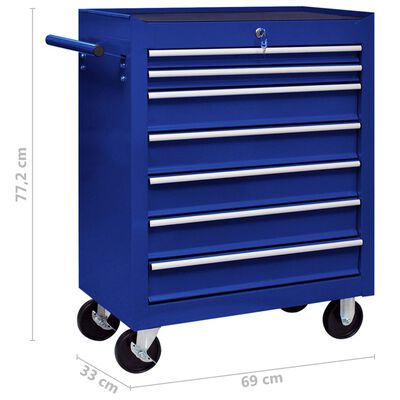 vidaXL Dirbtuvės įrankių vežimėlis, mėlynos spalvos, 7 stalčiai