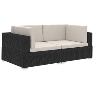 vidaXL Sekcinės kampinės kėdės su pagalvėmis, 2vnt., juodos, ratanas