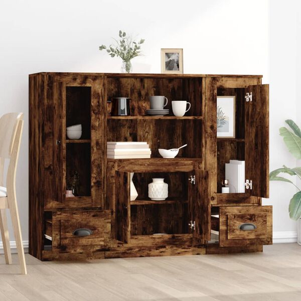 vidaXL Komodos, 3vnt., dūminio ąžuolo spalvos, apdirbta mediena