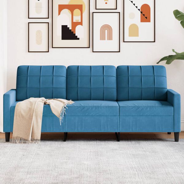 vidaXL Trivietė sofa, mėlynos spalvos, 180cm, aksomas
