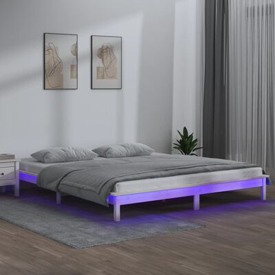 vidaXL Lovos rėmas su LED, baltos spalvos, 160x200cm, medienos masyvas