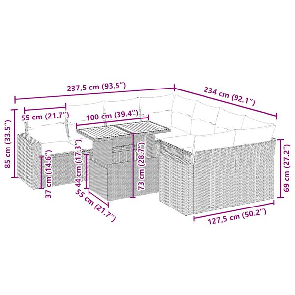 vidaXL Sodo komplektas su pagalvėlėmis, 9 dalių, smėlio, poliratanas