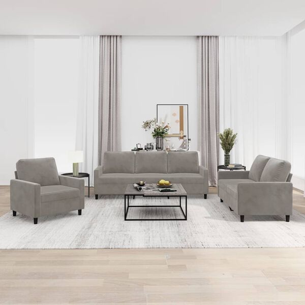 vidaXL Sofos komplektas su pagalvėlėmis, 3 dalių, pilkas, aksomas