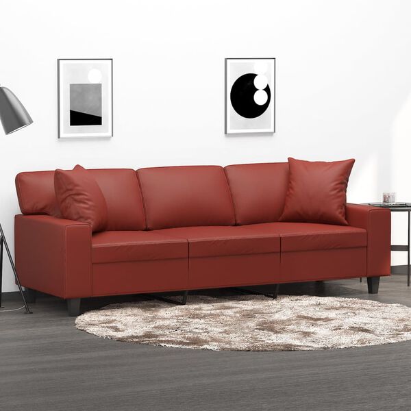 vidaXL Trivietė sofa su pagalvėmis, vyno, 180cm, dirbtinė oda