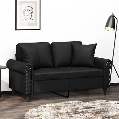 vidaXL Dvivietė sofa su pagalvėmis, juoda, 120cm, dirbtinė oda