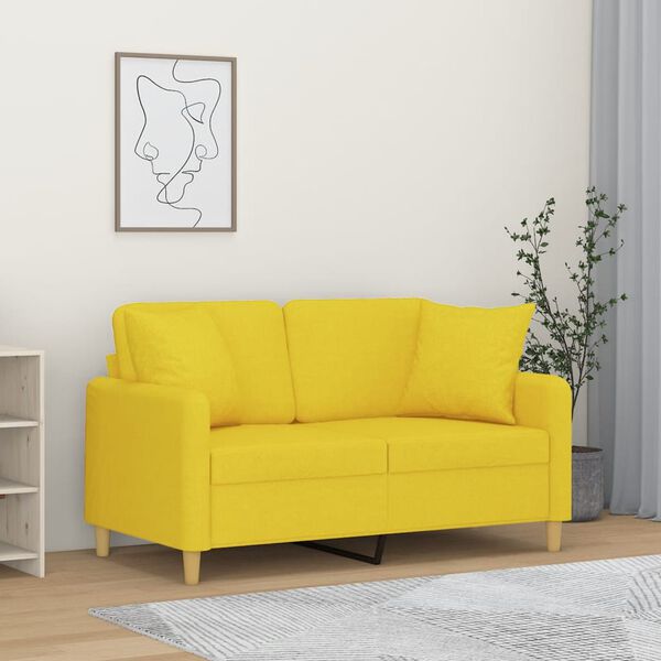 vidaXL Dvivietė sofa su pagalvėlėmis, šviesiai geltona, 120cm, audinys