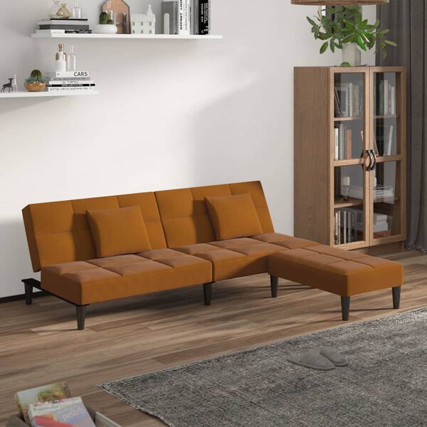 vidaXL Dvivietė sofa-lova su pagalvėmis ir pakoja, ruda, aksomas