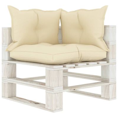 vidaXL Kampinė sodo sofa iš palečių su kreminėmis pagalvėmis, mediena