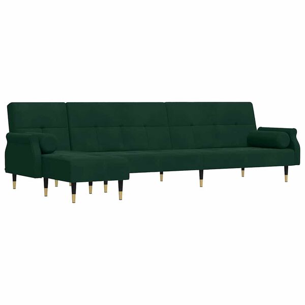 vidaXL L formos sofa-lova, tamsiai žalia, 271x140x70cm, aksomas
