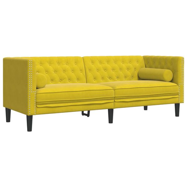 vidaXL Trivietė chesterfield sofa su pagalvėlėmis, geltona, aksomas