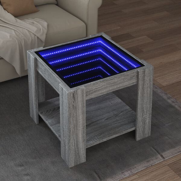 vidaXL Kavos staliukas su LED, pilkas ąžuolo, 53x53x45cm, mediena